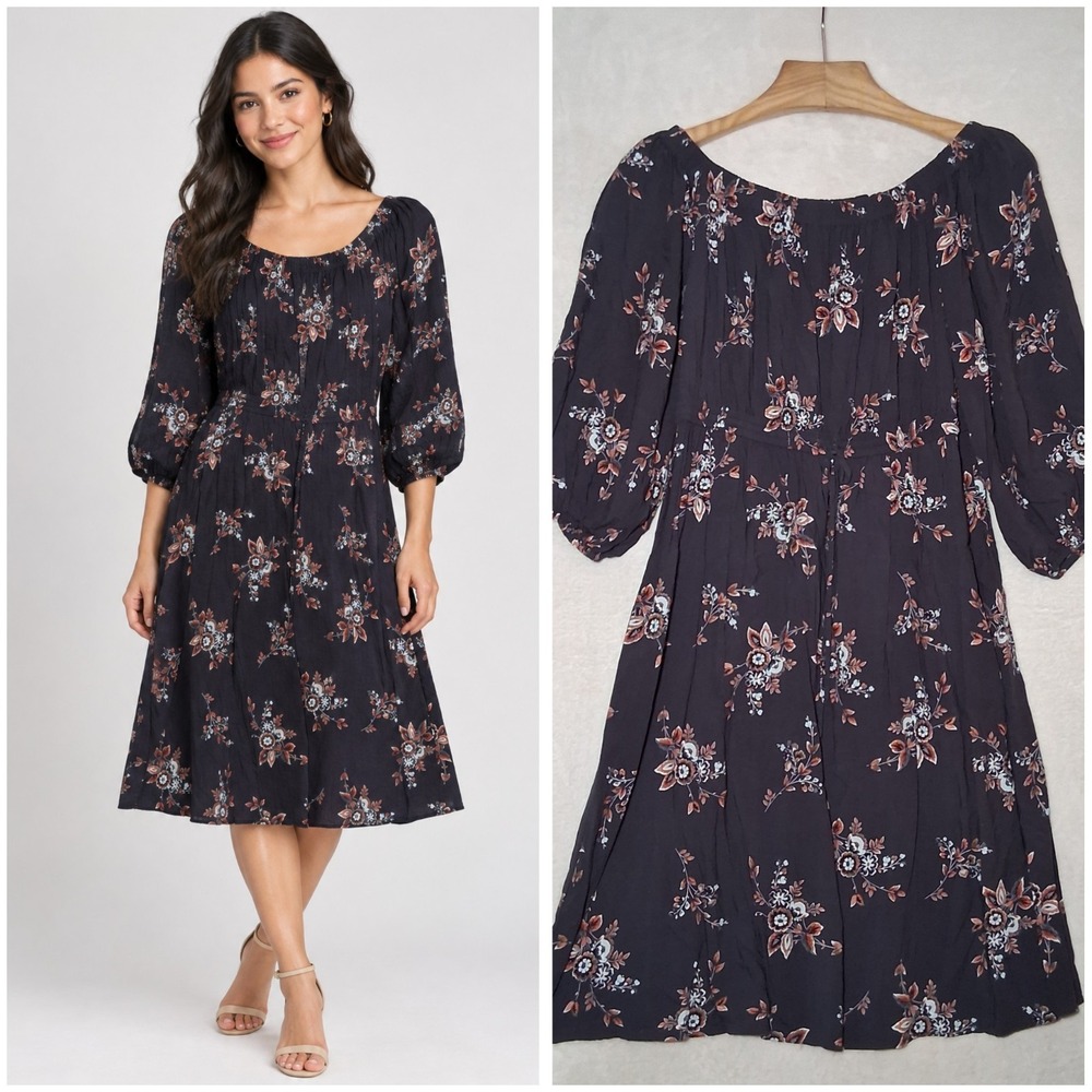 LOFT Womens Charcoal Gray Floral Off the Shoulder Balloon Sleeve Midi Dress - M